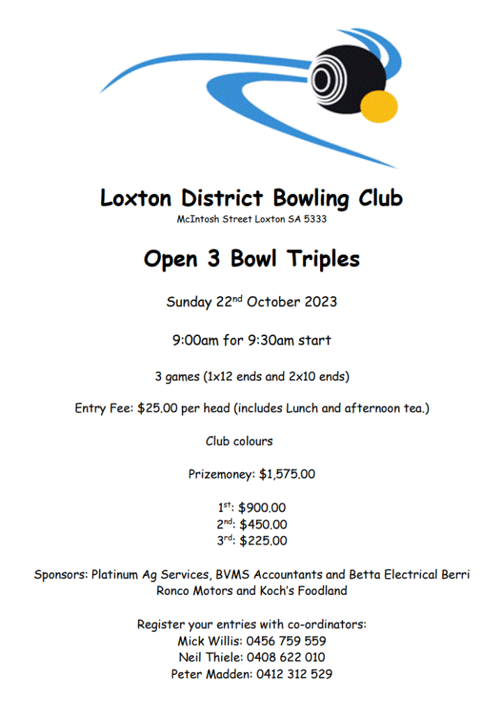 Loxton - Open 3 Bowls Triples - Bowls Riverland